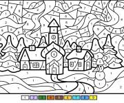 Coloriage Magique noel village pendant la saison des vacances