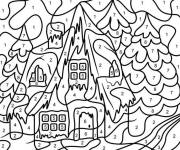 Coloriage Maison en hiver dans la foret par num&eacute;ros