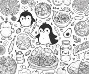 Coloriage Pingouin et nourriture magique