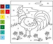 Coloriage Un coq dans le pr&eacute; par num&eacute;ro