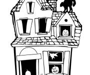 Coloriage Chat noir sur le toit de la maison hant&eacute;e