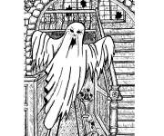 Coloriage Fant&ocirc;me effrayant en volant dans la maison hant&eacute;e