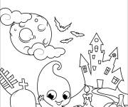 Coloriage Fantome mignon devant une maison hant&eacute;e