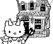 Coloriage et dessins gratuit Hello Kitty devant la maison hant&eacute;e à imprimer