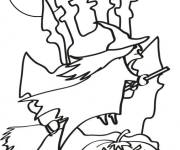 Coloriage et dessins gratuit La sorci&egrave;re en volant sur le ch&acirc;teau le jour d'Halloween à imprimer