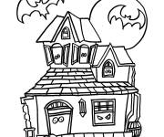 Coloriage Les yeux vers une maison hant&eacute;e la nuit de Halloween