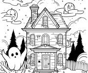 Coloriage Maison hant&eacute;e avec des citrouille d'halloween sur les nuages