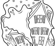 Coloriage Maison hant&eacute;e avec fantome en miniature