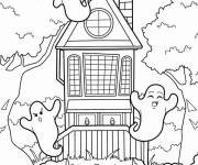 Coloriage Maison hant&eacute;e avec fant&ocirc;mes kawaii