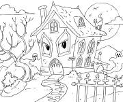 Coloriage Maison Hant&eacute;e avec un visage dans la foret