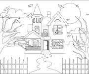 Coloriage Maison hant&eacute;e d&eacute;taill&eacute; avec des chauves souris
