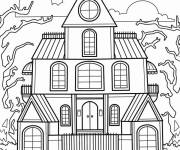 Coloriage Maison hant&eacute;e effrayante avec de grands arbres