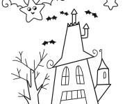 Coloriage Maison hant&eacute;e et chauve souris kawaii