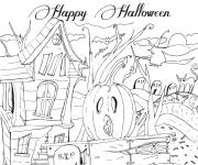 Coloriage Maison hant&eacute;e et citrouille d'Halloween pour adulte