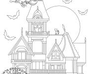 Coloriage et dessins gratuit Maison hant&eacute;e et monstres de Halloween complexe à imprimer