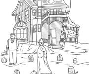 Coloriage Maison hant&eacute;e et tombes pour Halloween