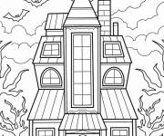 Coloriage Maison hant&eacute;e &eacute;trange avec des chauves-souris au clair de lune