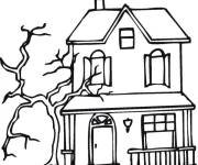 Coloriage Maison hant&eacute;e pr&ecirc;t d'une arbre effrayante