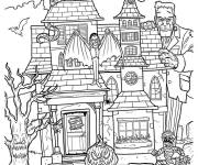 Coloriage Maison hant&eacute;e qui cache toues les monstres d'Halloween