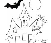 Coloriage Maison hant&eacute;e simple avec des symboles d'Halloween