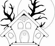 Coloriage Miason hant&eacute;e devant deux arbres effrayantes