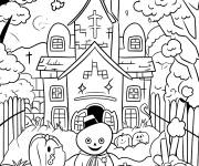 Coloriage monstre et citrouilles devant la maison effrayante