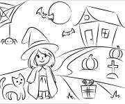 Coloriage Paysage d'une petite sorci&egrave;re devant une maison hant&eacute;e