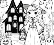 Coloriage Petite fille sorci&egrave;re devant la maison hant&eacute;e pour halloween