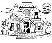 Coloriage Petite maison hant&eacute;e avec ses monstres