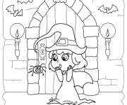 Coloriage Sorci&egrave;re essaie d'entr&eacute;e dans la maison hant&eacute;e