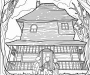 Coloriage Trois enfants d&eacute;couvrant la maison hant&eacute;e