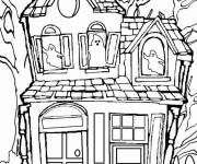 Coloriage Trois fantomes dans une maison abandonn&eacute;e