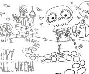 Coloriage Un squelette avec une citrouille devant le ch&acirc;teau hant&eacute;