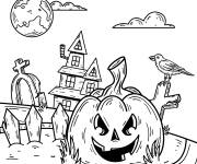 Coloriage Une grosse citrouille qui cache la maison hant&eacute;e