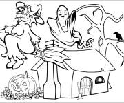 Coloriage Une sorci&egrave;re sur un manche &agrave; balai devant la maison hant&eacute;e