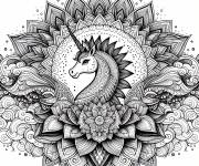Coloriage Licorne au centre d'une mandala
