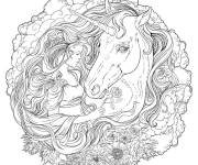 Coloriage Mandala belle fille caresse la licorne
