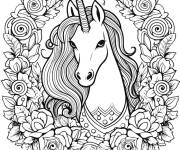 Coloriage Mandala Licorne avec beaucoup de fleurs