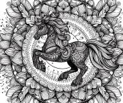 Coloriage Mandala Licorne avec motifs en feuilles