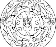 Coloriage Mandala licorne, c&oelig;urs et &eacute;toiles