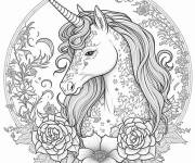 Coloriage Mandala Licorne d&eacute;cor&eacute; avec deux roses
