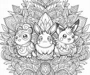 Coloriage Mandala trois Pok&eacute;mon adulte