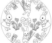 Coloriage Lapins mignons en mandala P&acirc;ques simple