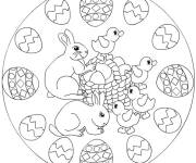 Coloriage Mandala de P&acirc;ques avec des motifs de lapin et poussin