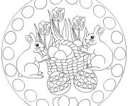 Coloriage Mandala P&acirc;ques avec lapin et fleurs tulipes