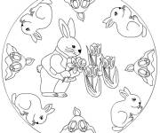Coloriage P&acirc;ques mandala avec lapin tenant un bouquet de fleur