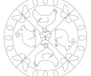 Coloriage Poule et lapin dans un mandala de la f&ecirc;te de P&acirc;ques