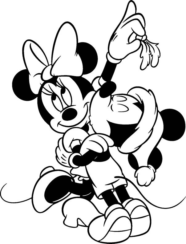 Coloriage et dessins gratuits Mickey et Minnie s'embrassent sous le gui à imprimer