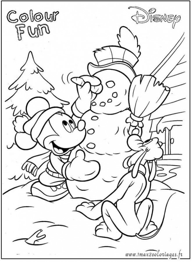 Coloriage et dessins gratuits Micky construit le bonhomme de Neige Noel à imprimer