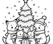Coloriage Animaux autour du sapin de No&euml;l